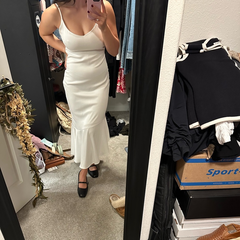 Lulu’s Strictly Romance White Satin Asymmetrical Tiered Midi Dress